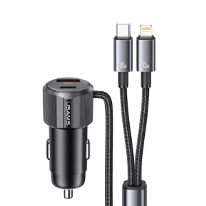 Cargador Auto con Puerto USB + Tipo-C y Cables Duales 66W Negro