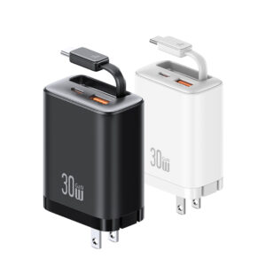 Cargador Pared 30W con Cable Tipo-C Retráctil + USB + Tipo-C
